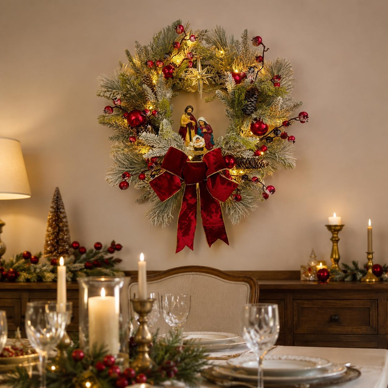 22 Inch Lighted Christmas Wreath with Timer and Nativity Scene, additional listing view 5