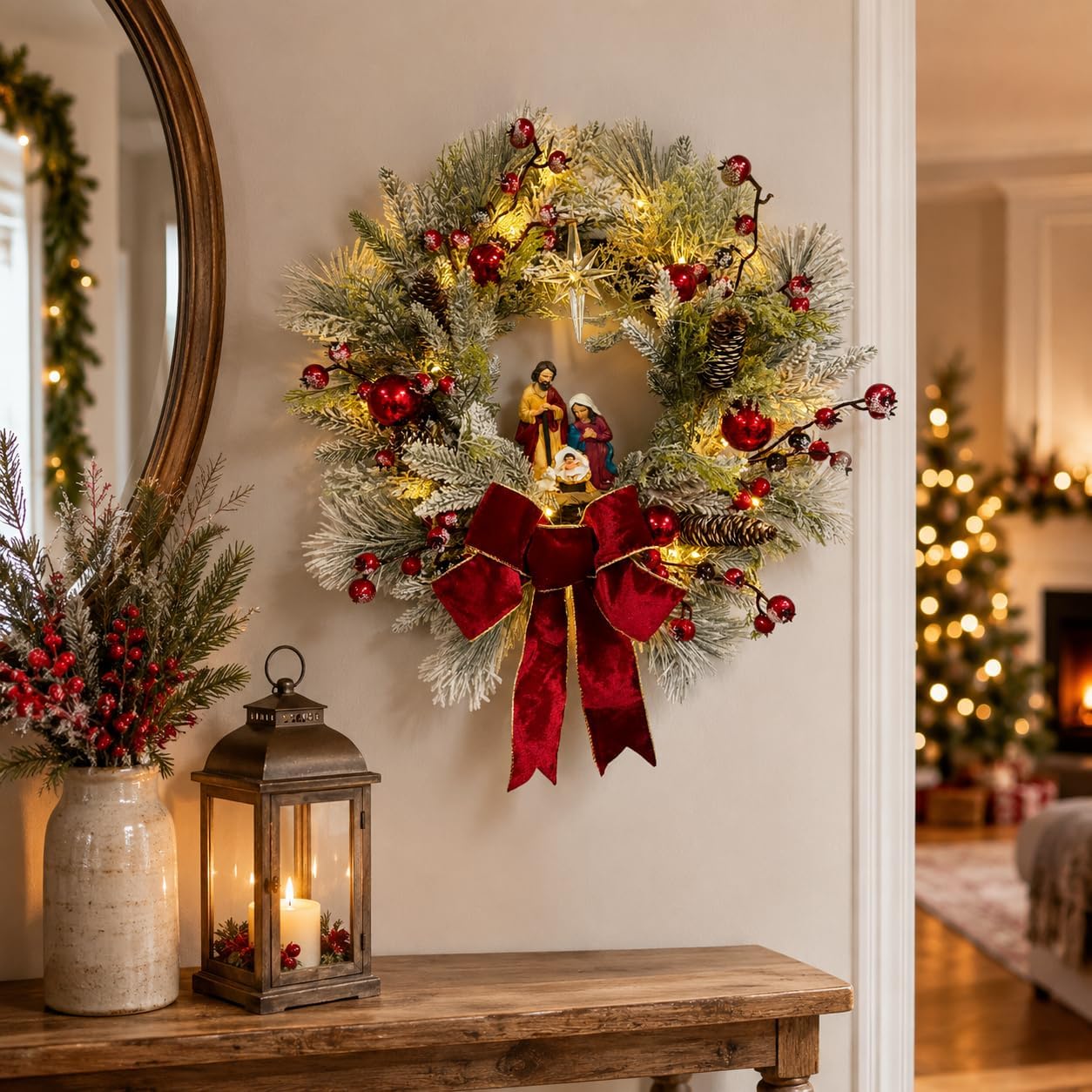 22 Inch Lighted Christmas Wreath with Timer and Nativity Scene, additional listing view 6