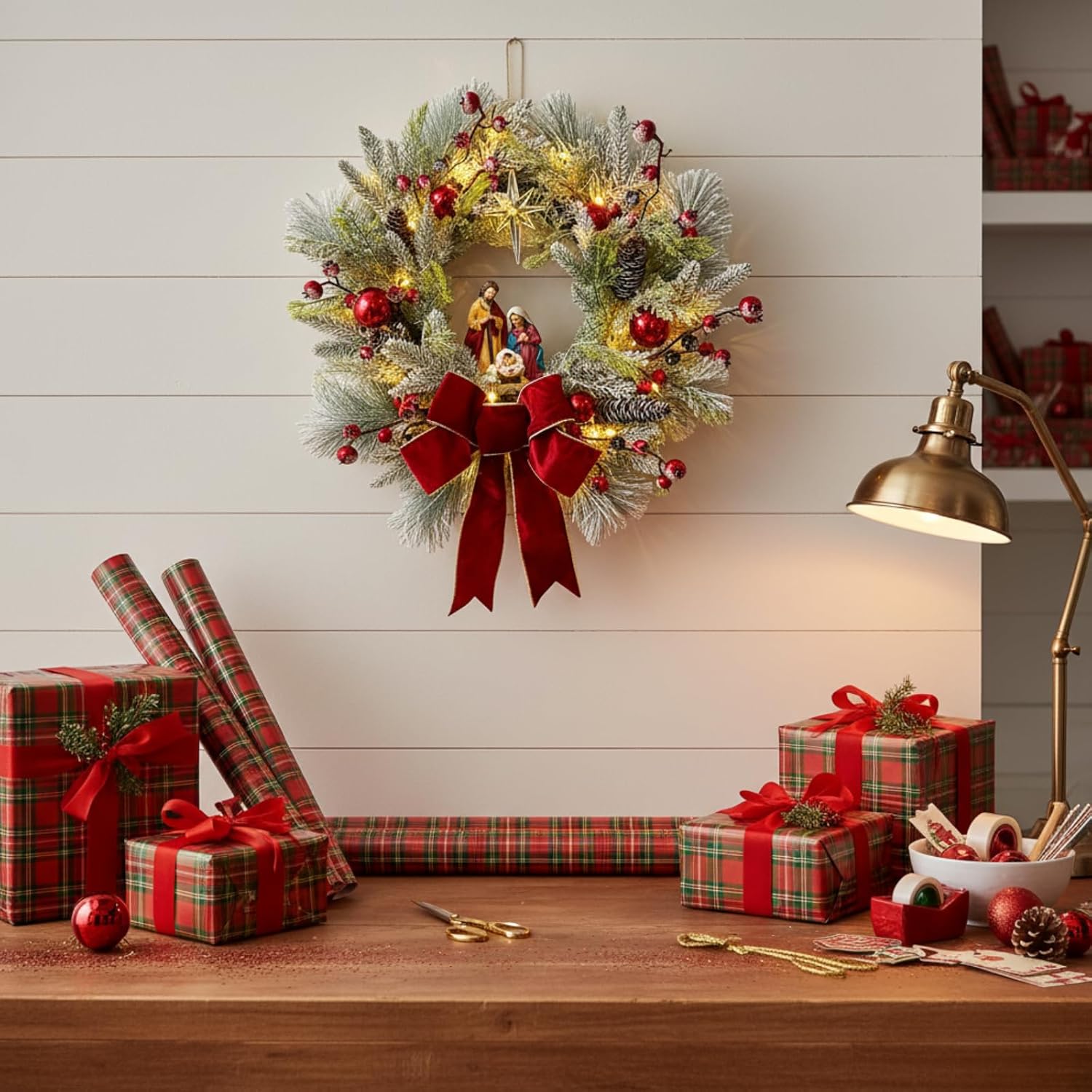 22 Inch Lighted Christmas Wreath with Timer and Nativity Scene, additional listing view 7