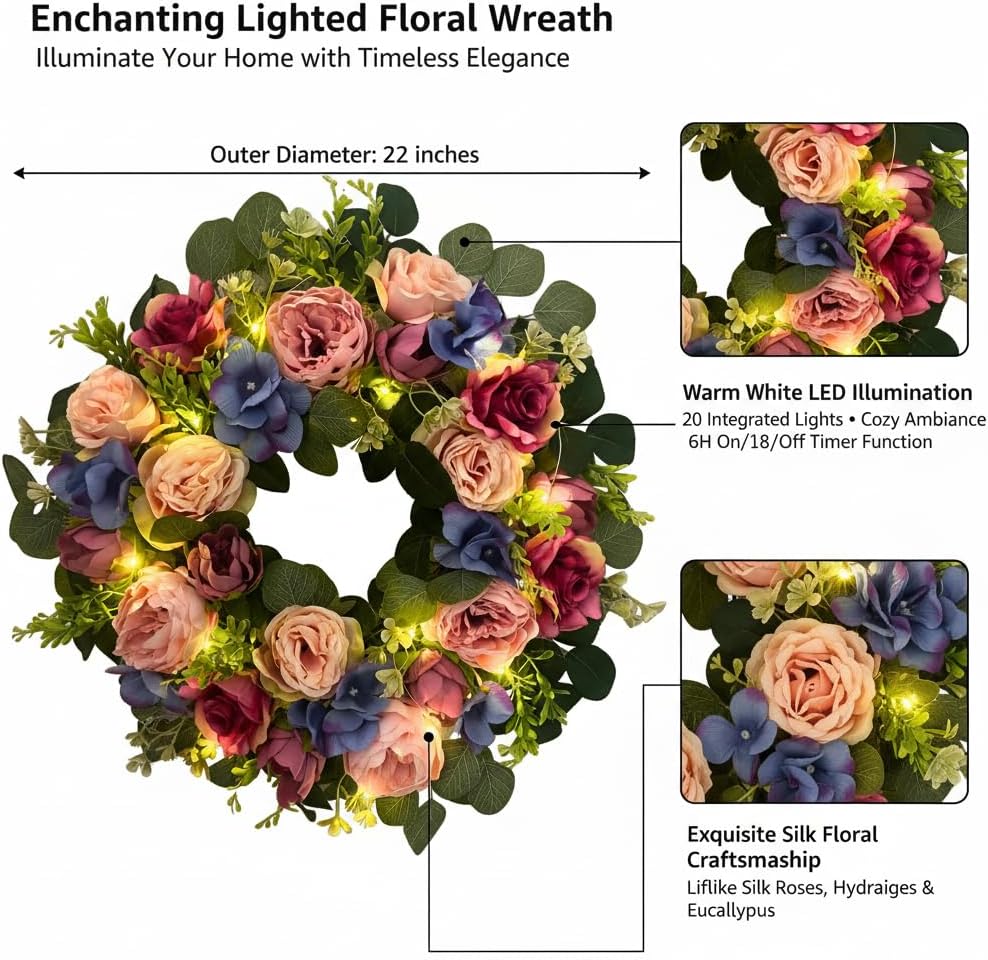 22 Inch Lighted Floral Wreath with Timer for Front Door Decor, additional listing view 3