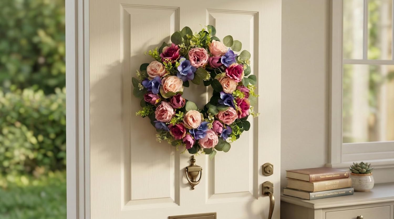 22 Inch Lighted Floral Wreath with Timer for Front Door Decor, additional listing view 6
