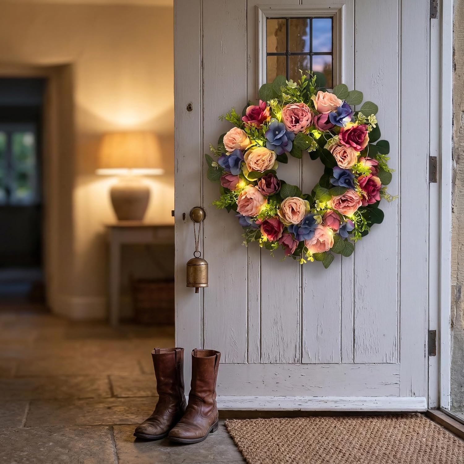 22 Inch Lighted Floral Wreath with Timer for Front Door Decor, additional listing view 7