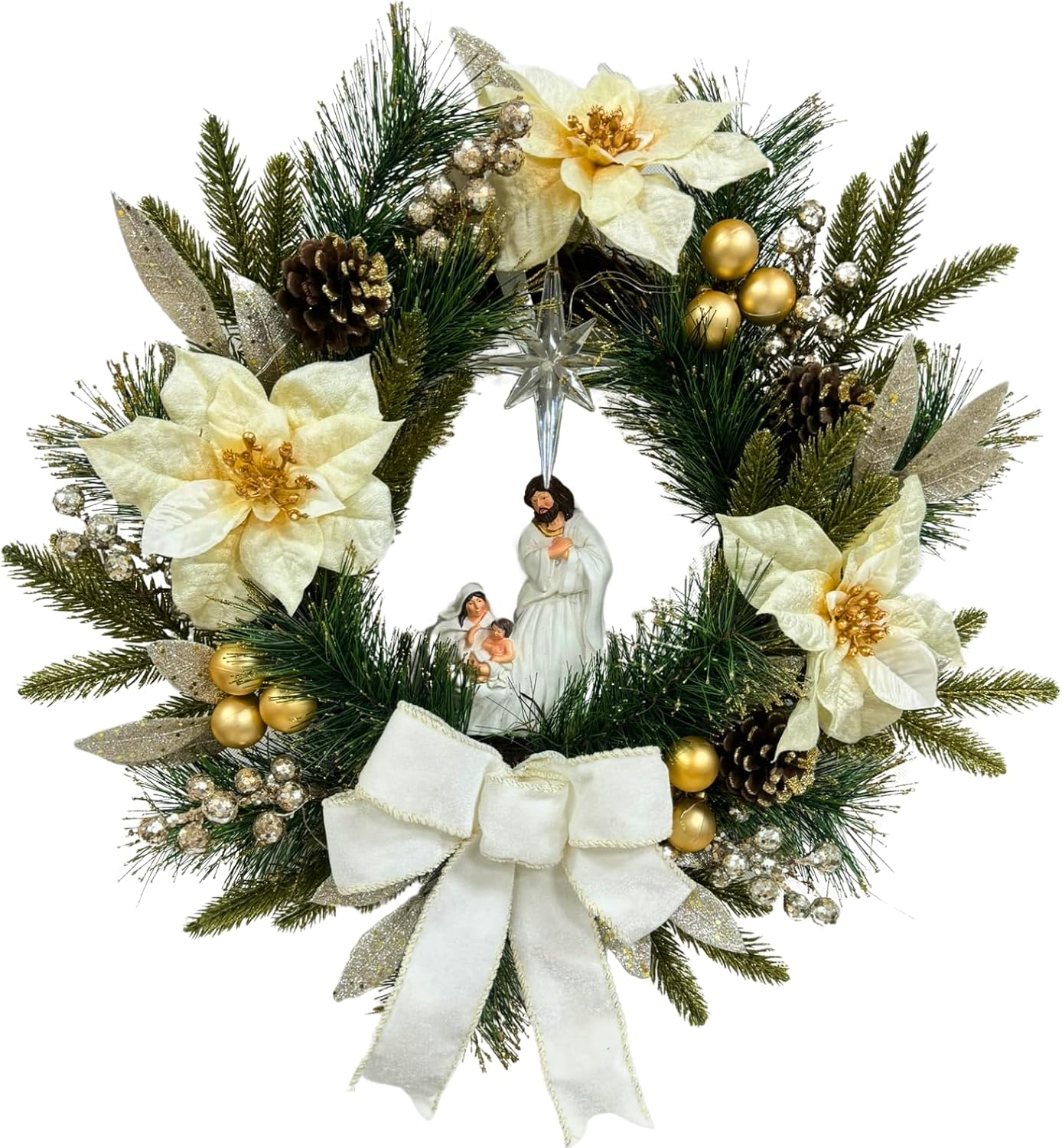 22 Inch Lighted Nativity Wreath with Holy Family and Poinsettias, main product view