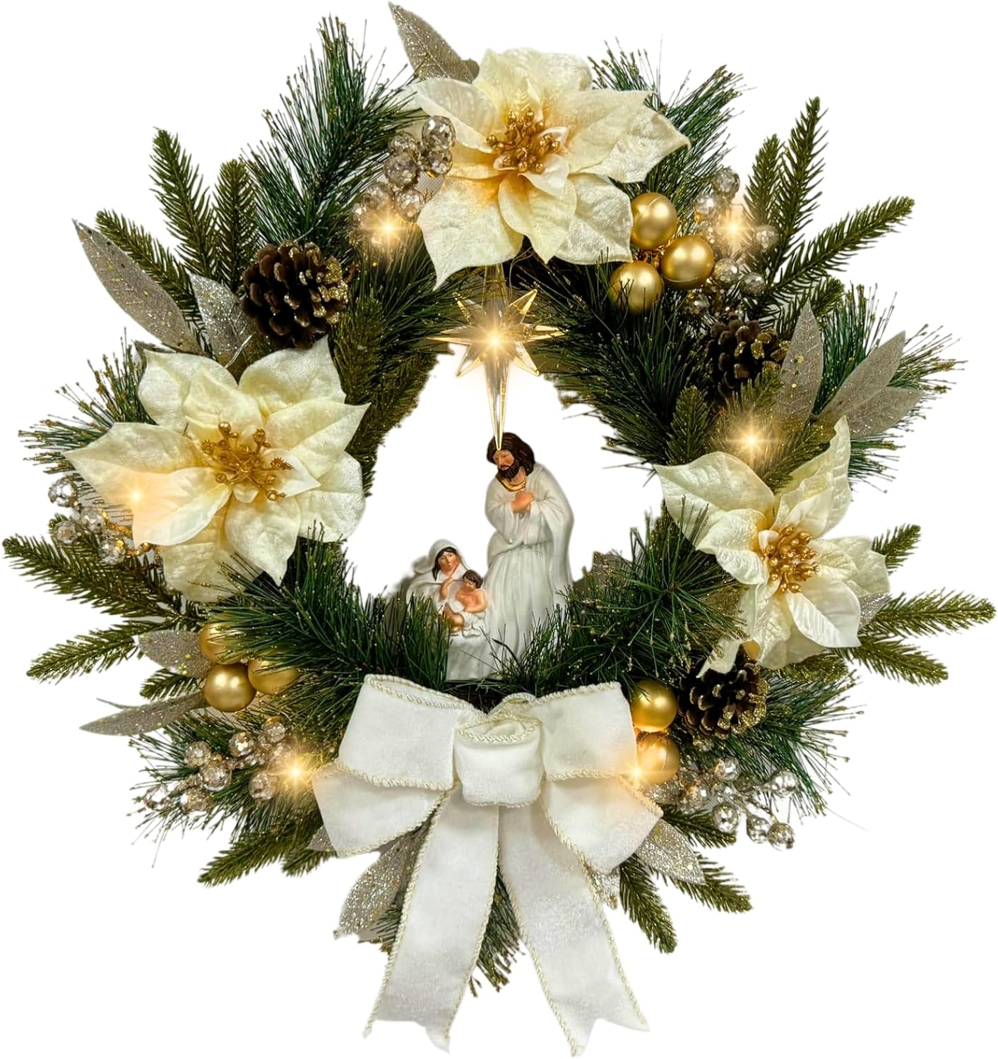 22 Inch Lighted Nativity Wreath with Holy Family and Poinsettias, additional listing view 2