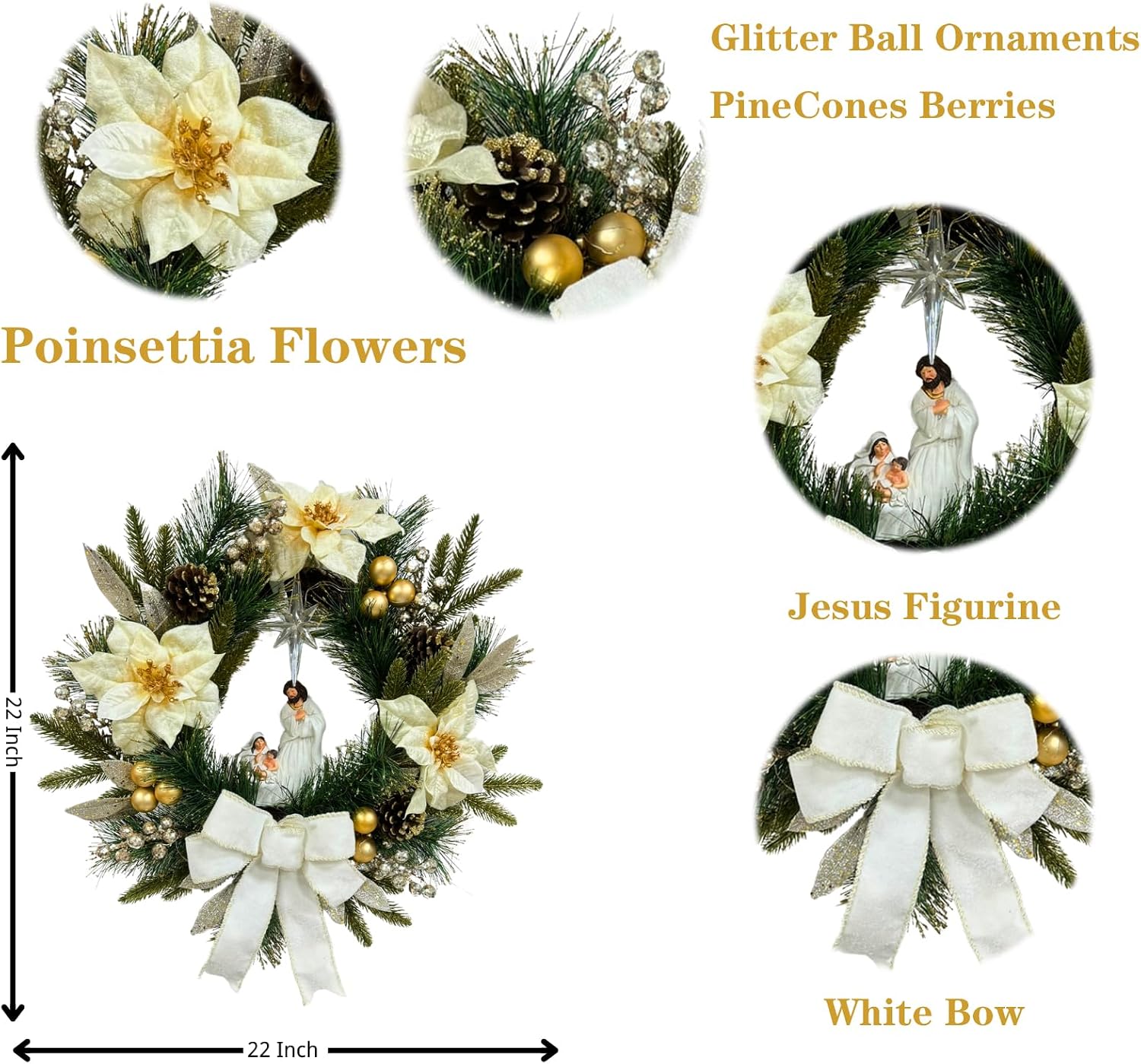 22 Inch Lighted Nativity Wreath with Holy Family and Poinsettias, additional listing view 3