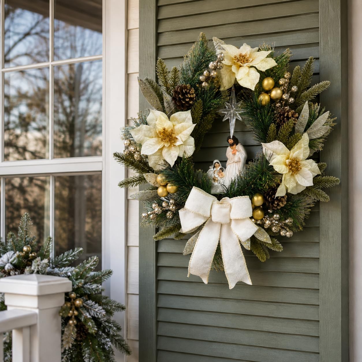 22 Inch Lighted Nativity Wreath with Holy Family and Poinsettias, additional listing view 4