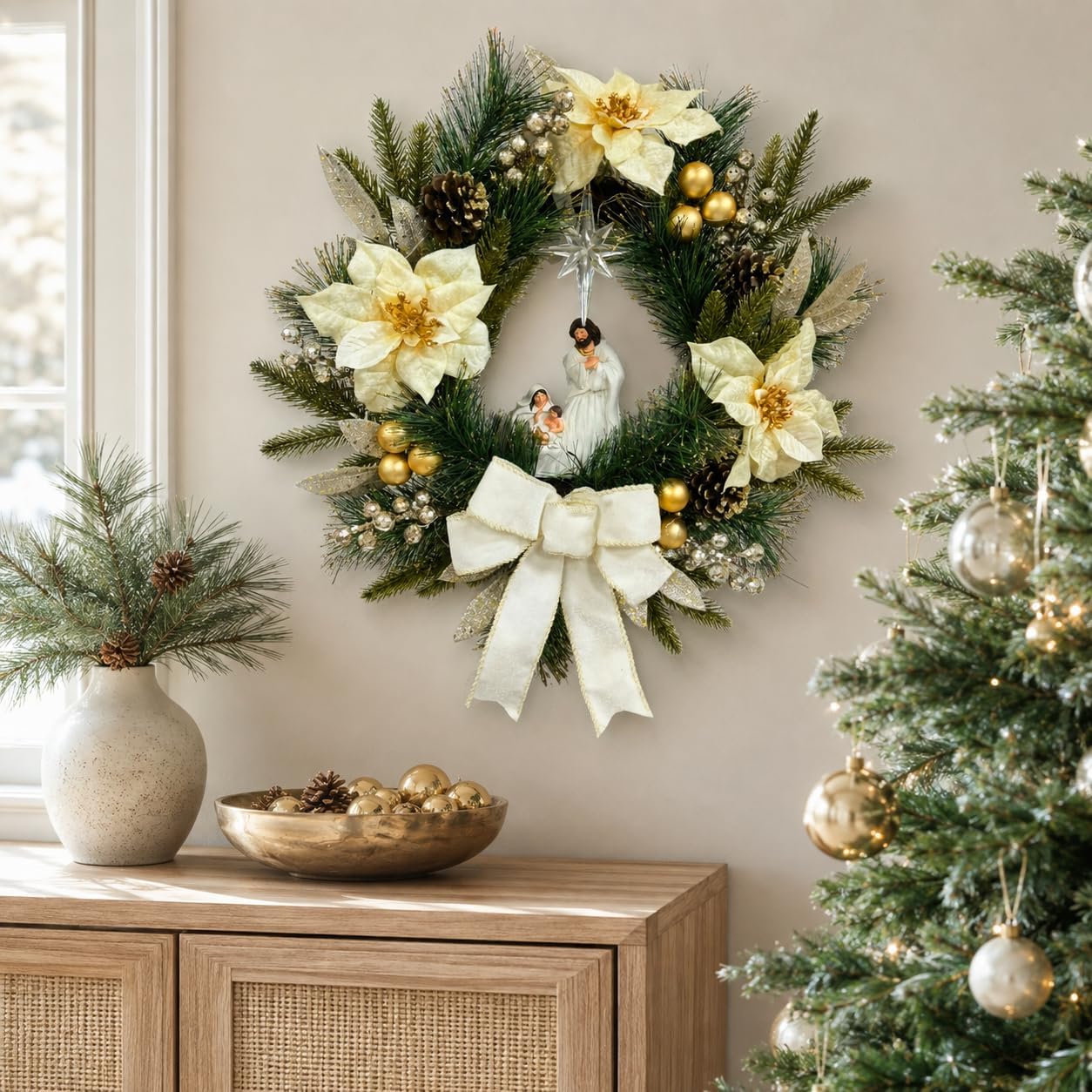 22 Inch Lighted Nativity Wreath with Holy Family and Poinsettias, additional listing view 5