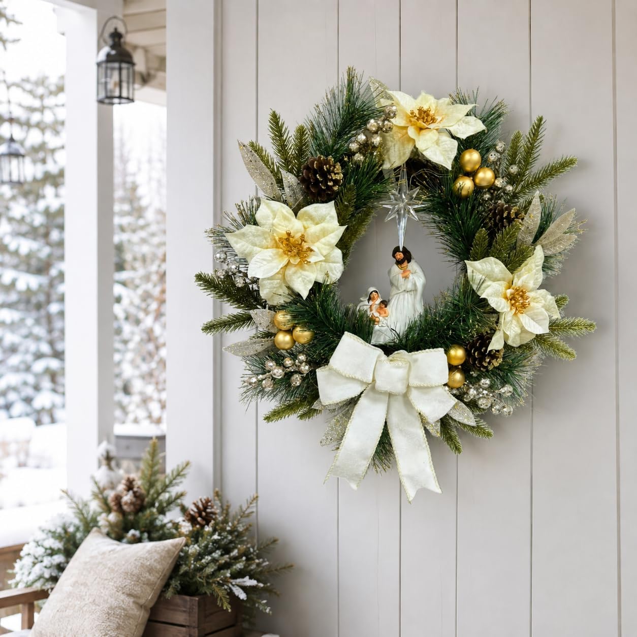 22 Inch Lighted Nativity Wreath with Holy Family and Poinsettias, additional listing view 6