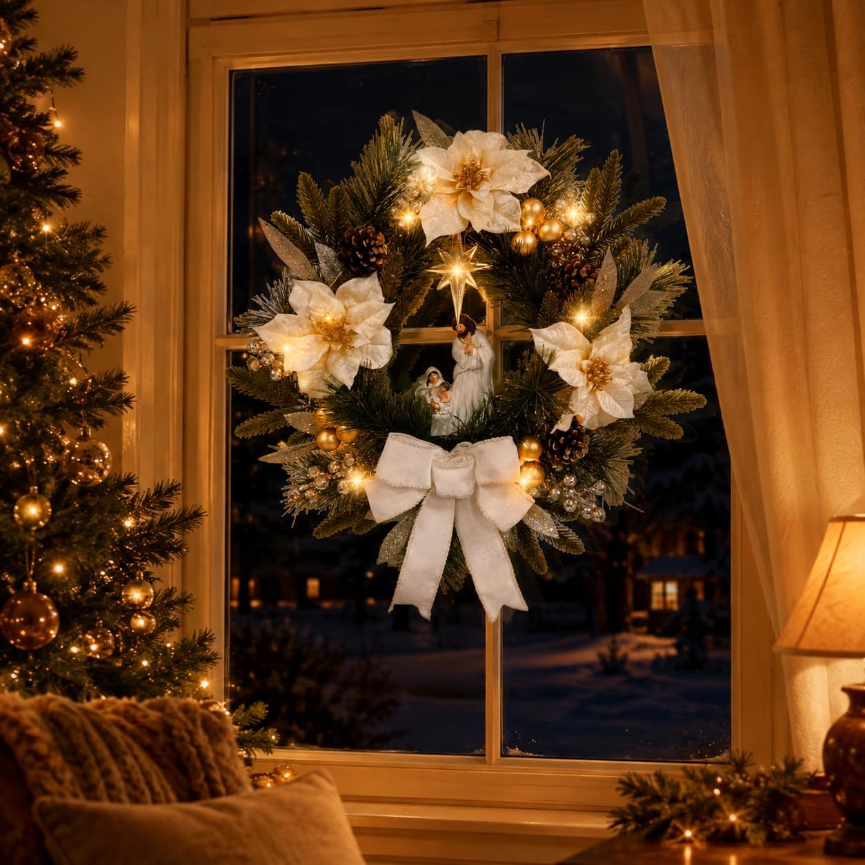 22 Inch Lighted Nativity Wreath with Holy Family and Poinsettias, additional listing view 7