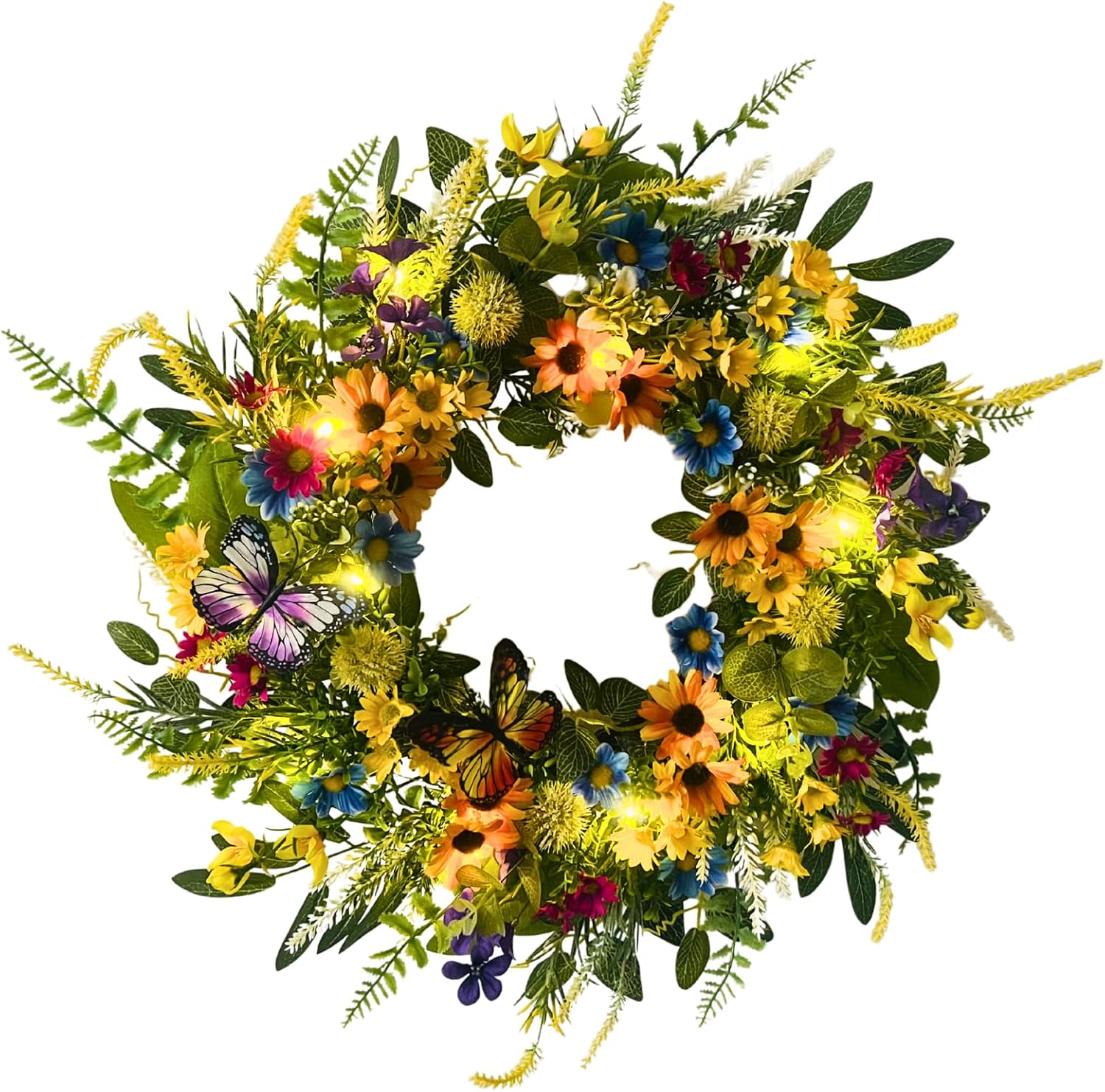 22 Inch Lighted Spring Wreath with Butterflies and Daisy Flowers, main product view
