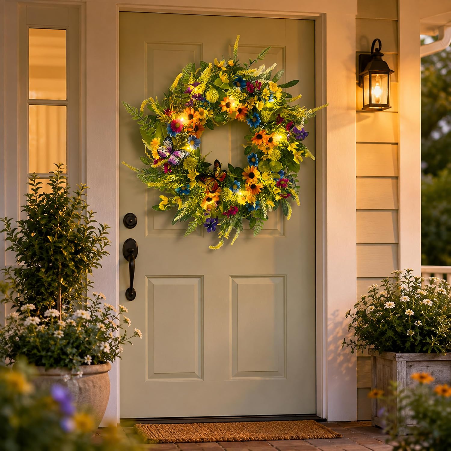 22 Inch Lighted Spring Wreath with Butterflies and Daisy Flowers, additional listing view 3