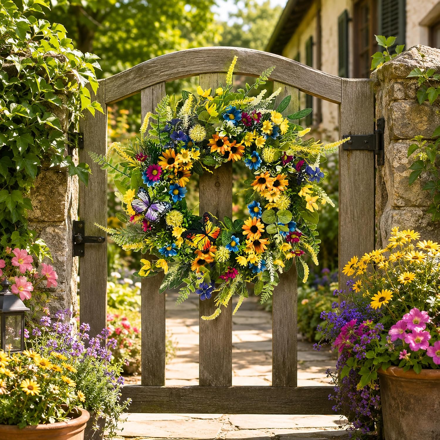 22 Inch Lighted Spring Wreath with Butterflies and Daisy Flowers, additional listing view 4