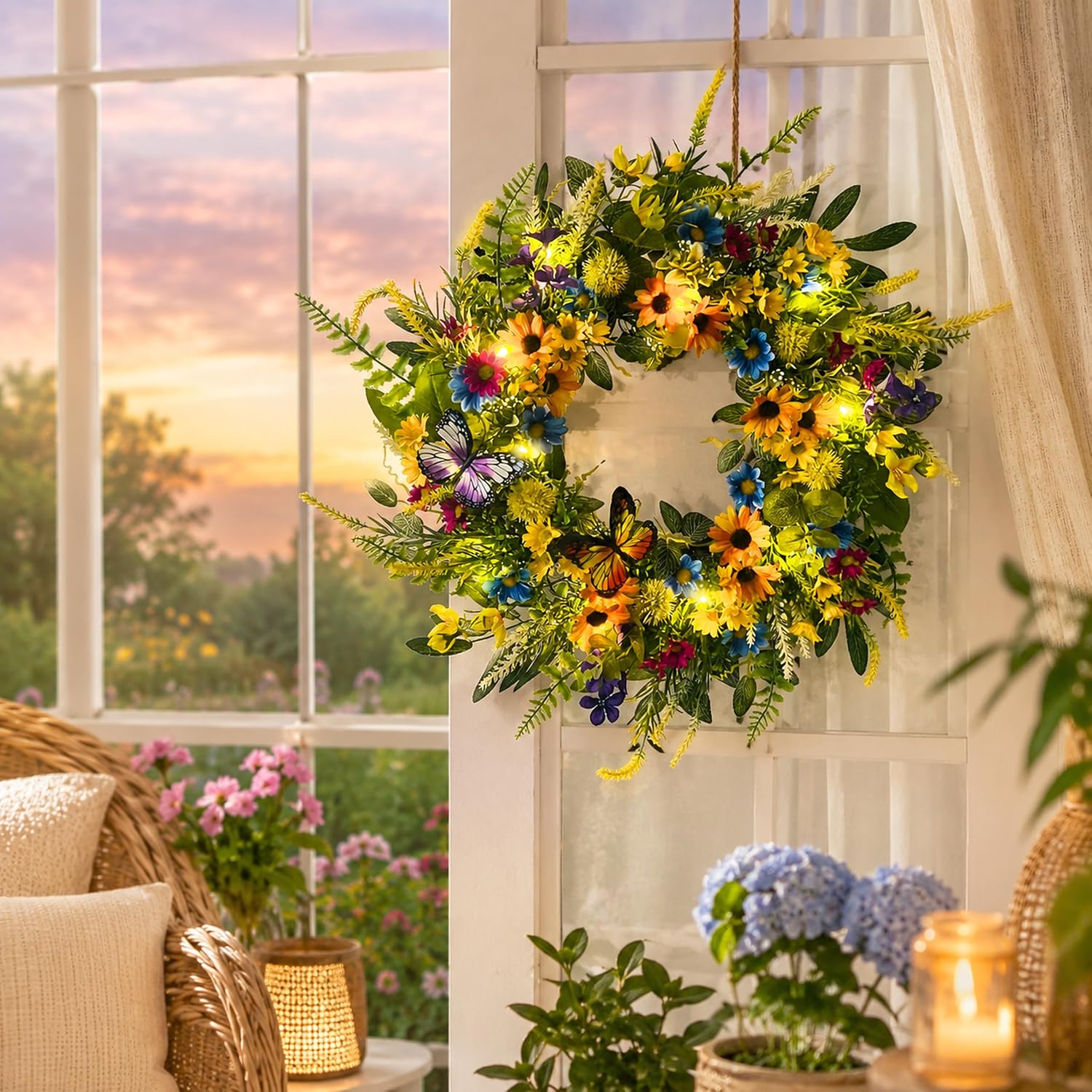 22 Inch Lighted Spring Wreath with Butterflies and Daisy Flowers, additional listing view 6