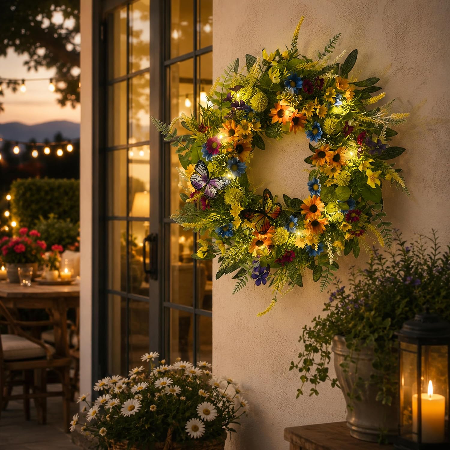 22 Inch Lighted Spring Wreath with Butterflies and Daisy Flowers, additional listing view 7