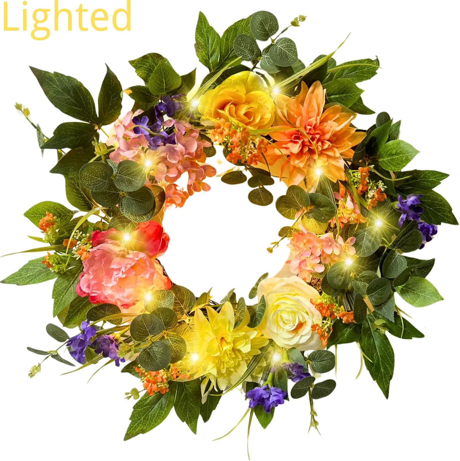 22 Inch Lighted Summer Floral Wreath for Front Door Decor, additional listing view 2