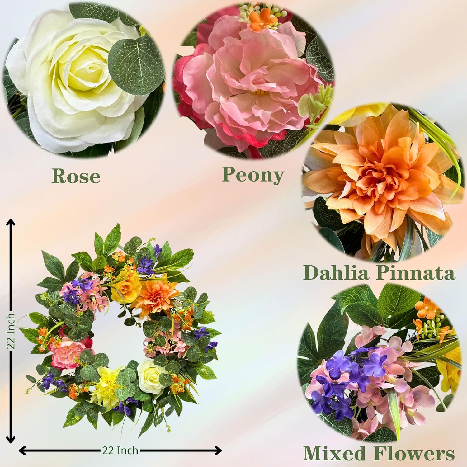 22 Inch Lighted Summer Floral Wreath for Front Door Decor, additional listing view 3