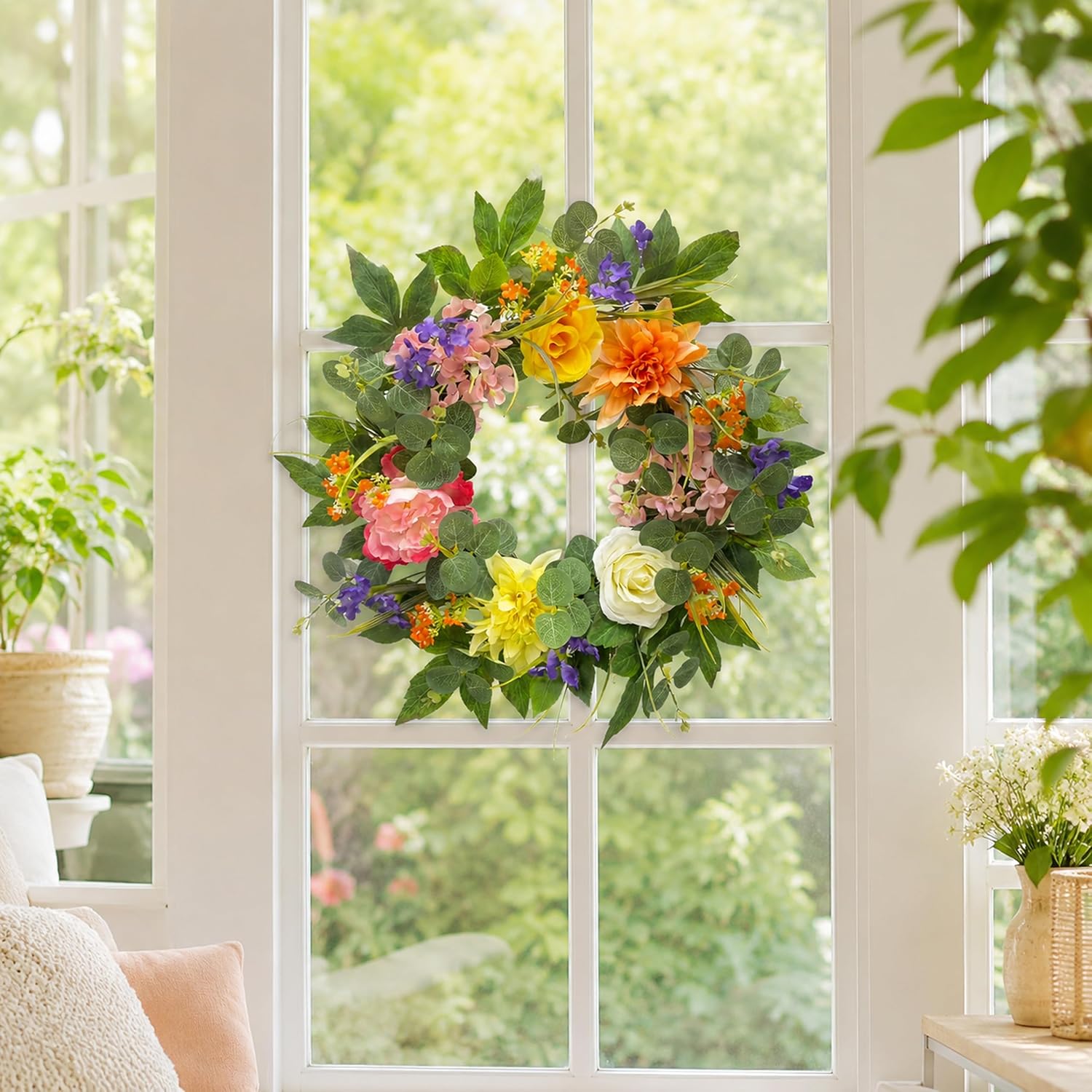 22 Inch Lighted Summer Floral Wreath for Front Door Decor, additional listing view 4