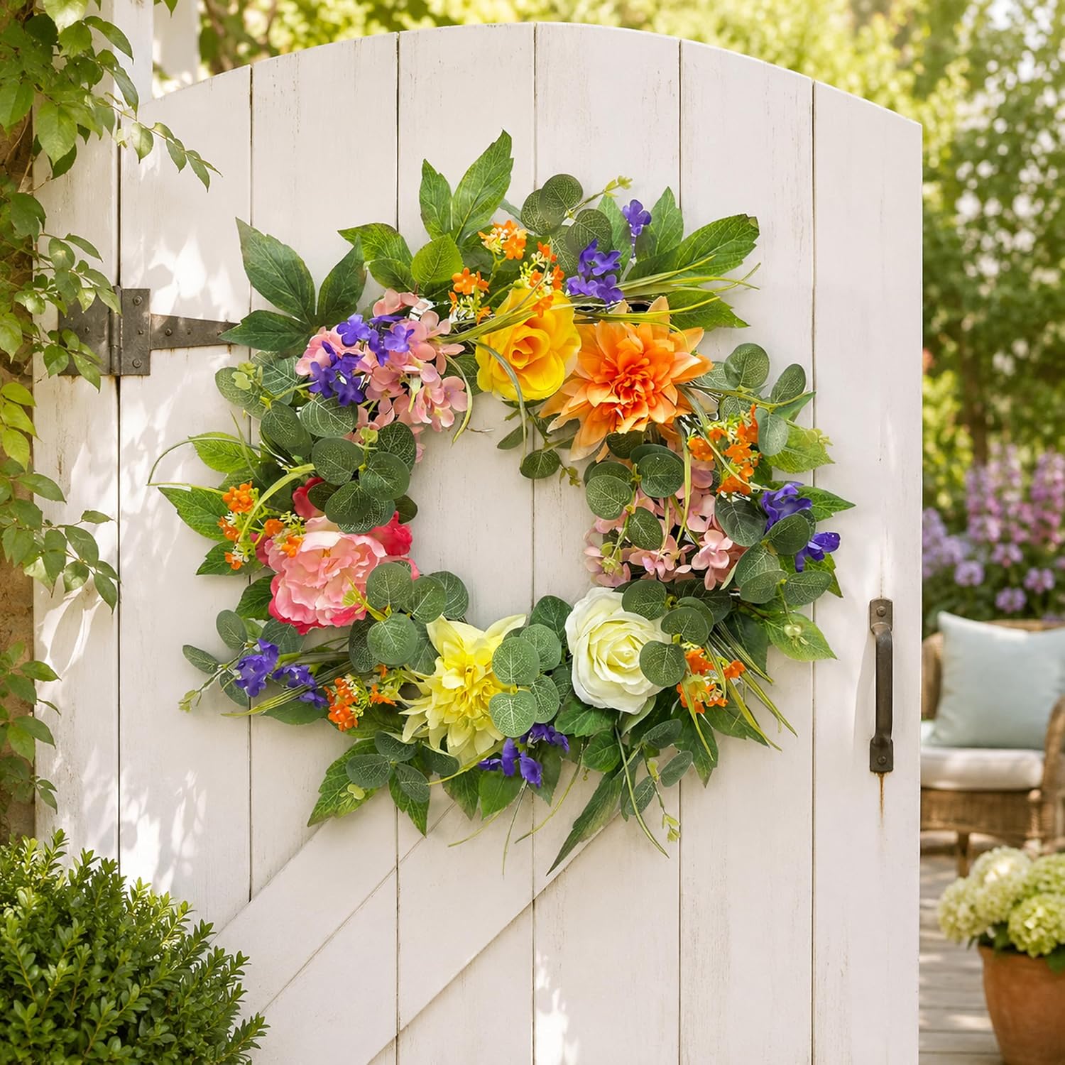 22 Inch Lighted Summer Floral Wreath for Front Door Decor, additional listing view 6