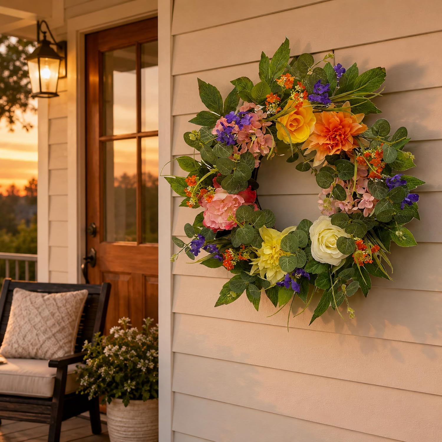22 Inch Lighted Summer Floral Wreath for Front Door Decor, additional listing view 7