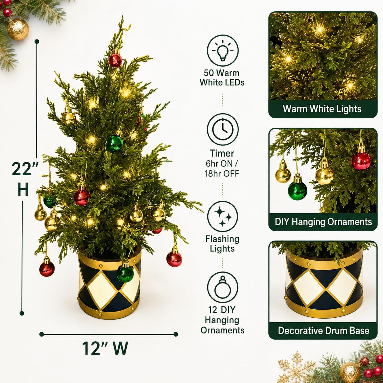 22 Inch Lighted Tabletop Christmas Tree with Timer and 12 Ornaments, additional listing view 3