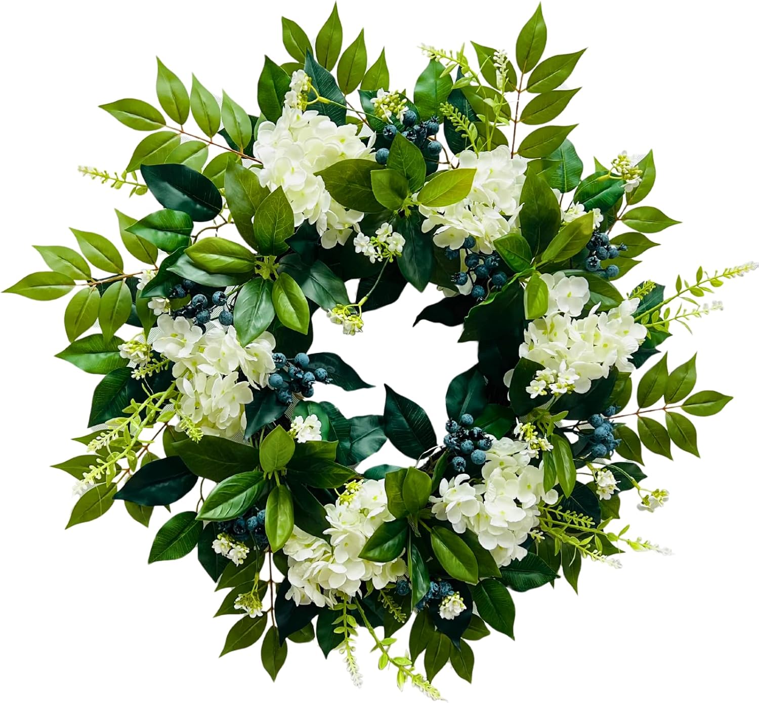 22 Inch Lighted White Hydrangea Wreath with Timer, 2 Light Modes, main product view