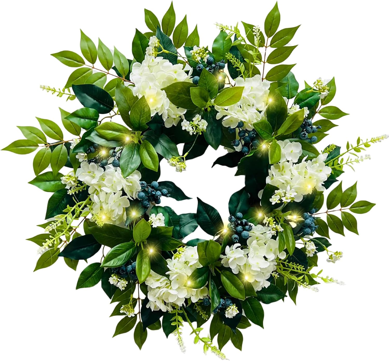 22 Inch Lighted White Hydrangea Wreath with Timer, 2 Light Modes, additional listing view 2