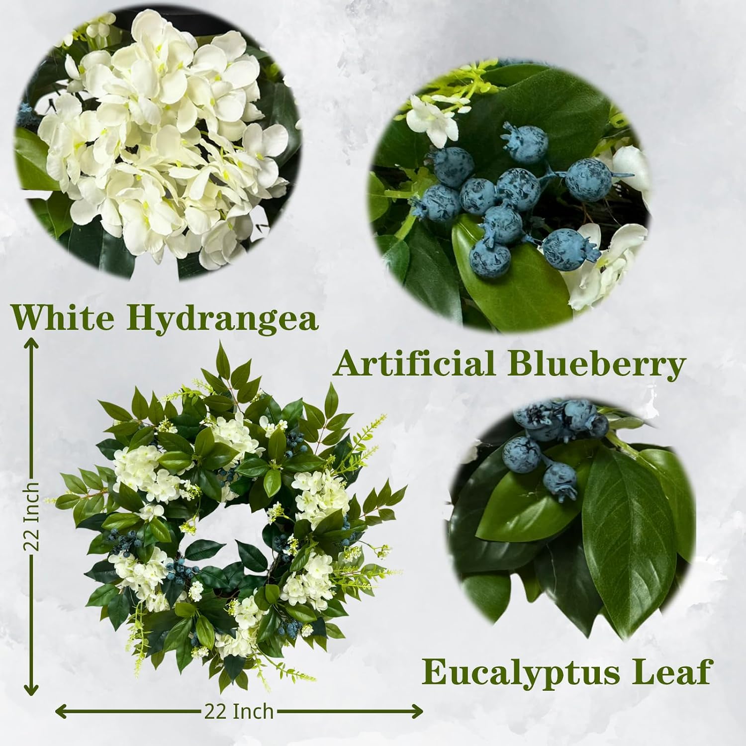22 Inch Lighted White Hydrangea Wreath with Timer, 2 Light Modes, additional listing view 3