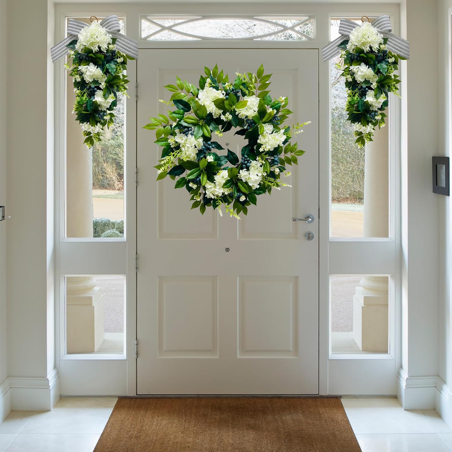 22 Inch Lighted White Hydrangea Wreath with Timer, 2 Light Modes, additional listing view 4