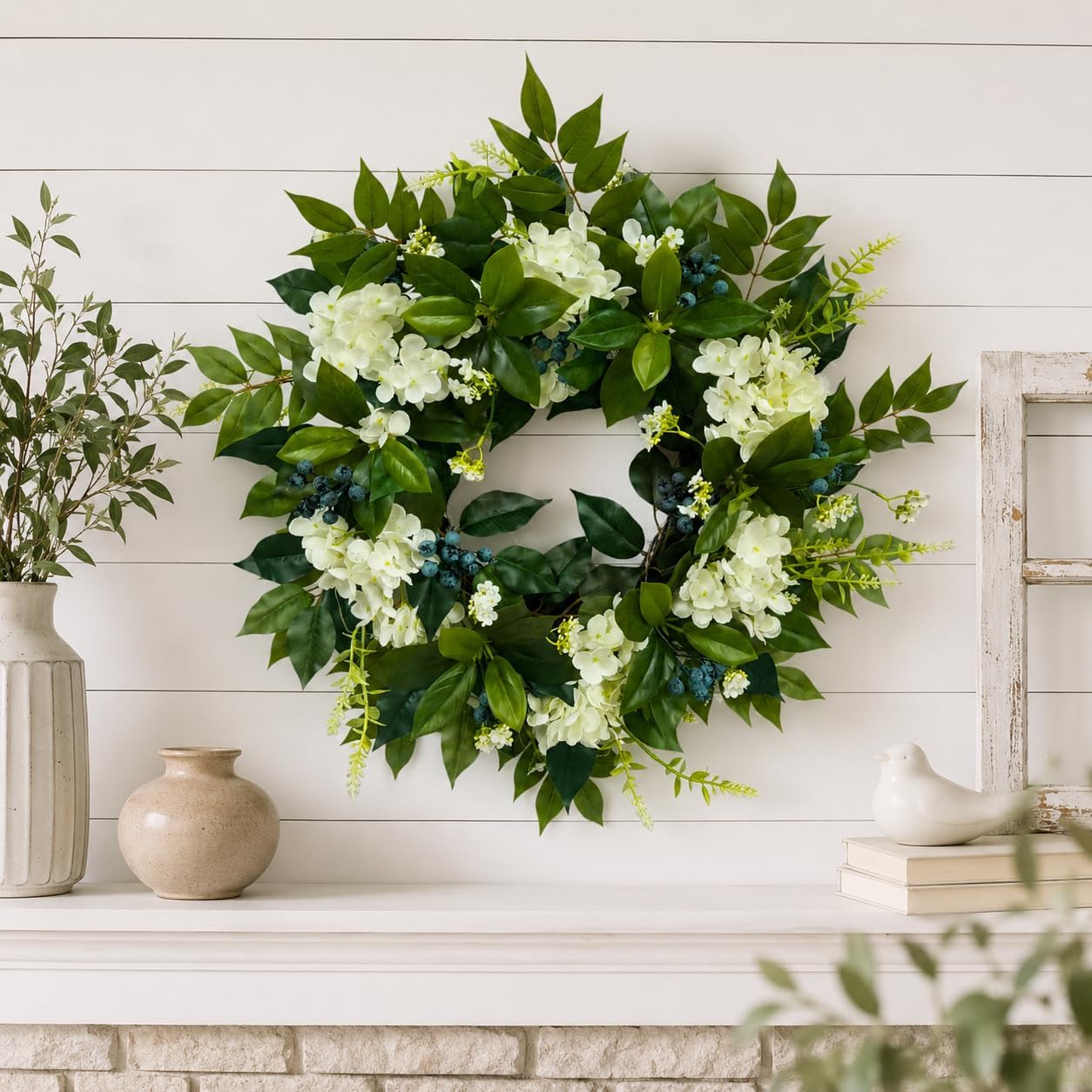 22 Inch Lighted White Hydrangea Wreath with Timer, 2 Light Modes, additional listing view 6