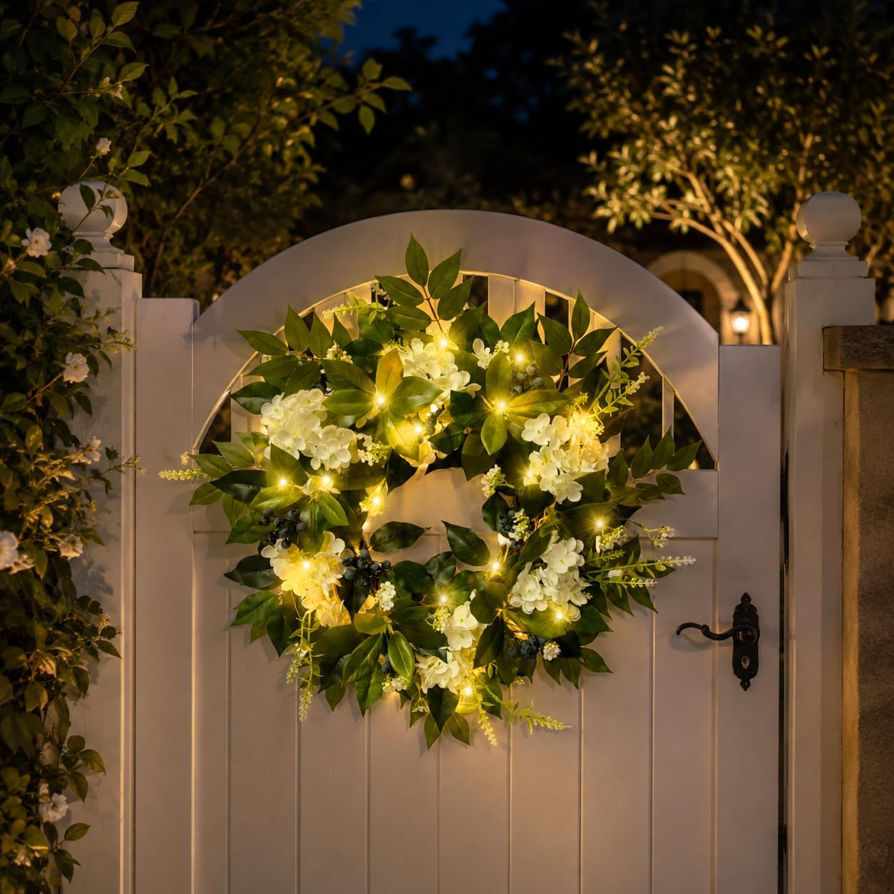 22 Inch Lighted White Hydrangea Wreath with Timer, 2 Light Modes, additional listing view 7