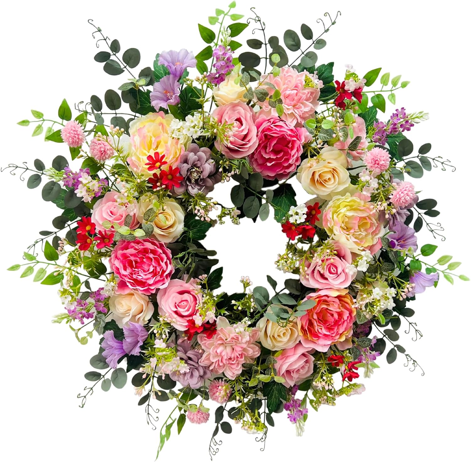 24 Inch Artificial Rose and Dahlia Wreath with Eucalyptus Greenery, main product view