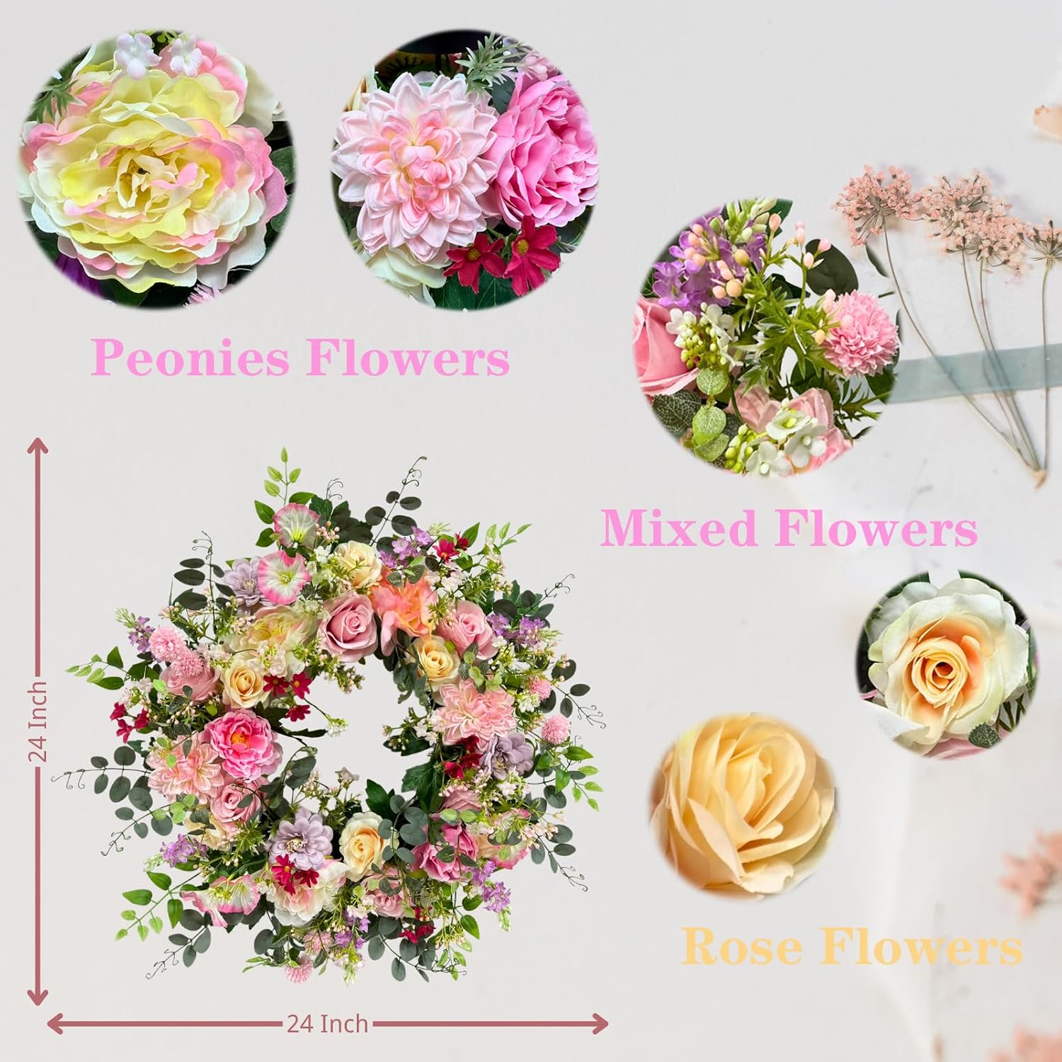 24 Inch Artificial Rose and Dahlia Wreath with Eucalyptus Greenery, additional listing view 2