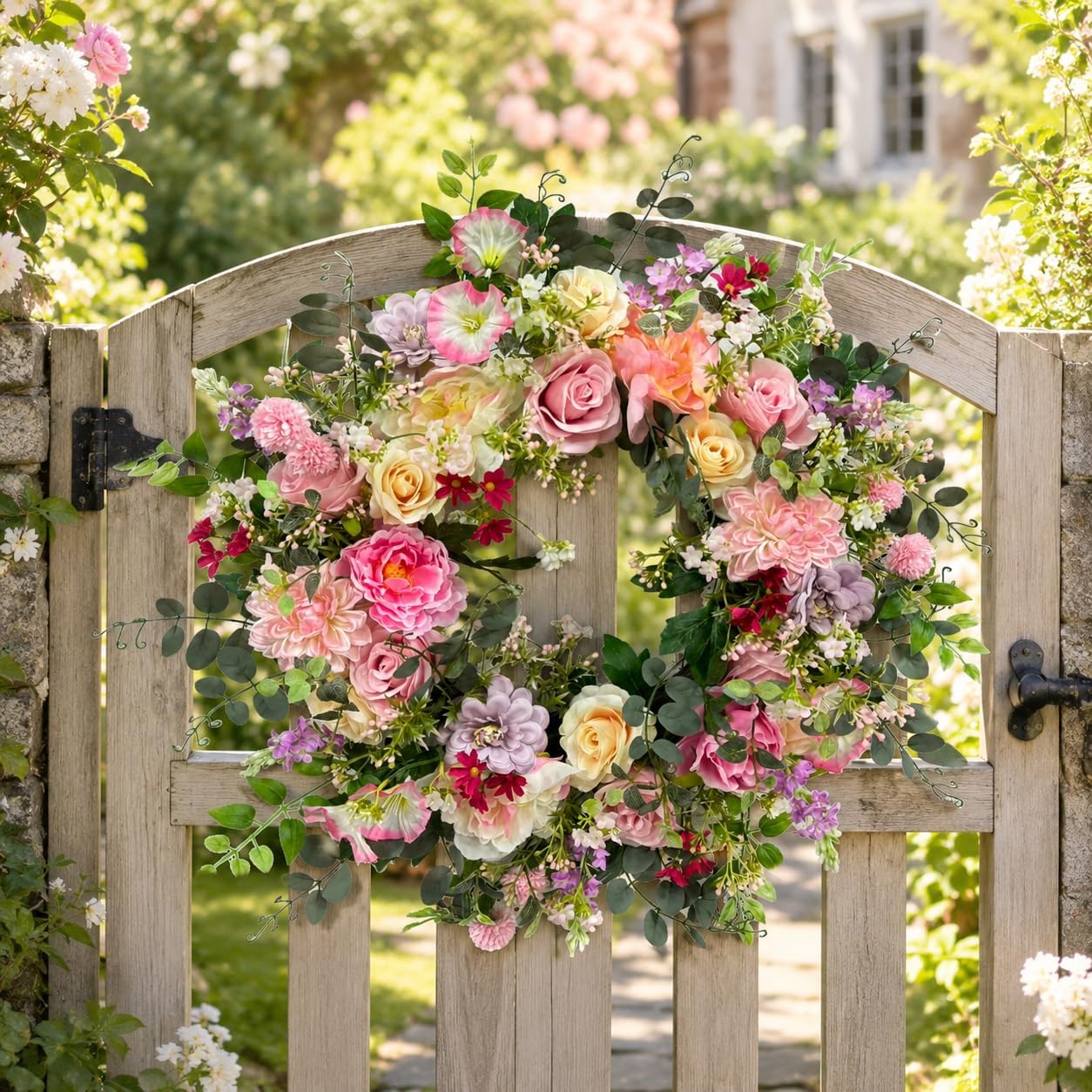24 Inch Artificial Rose and Dahlia Wreath with Eucalyptus Greenery, additional listing view 4