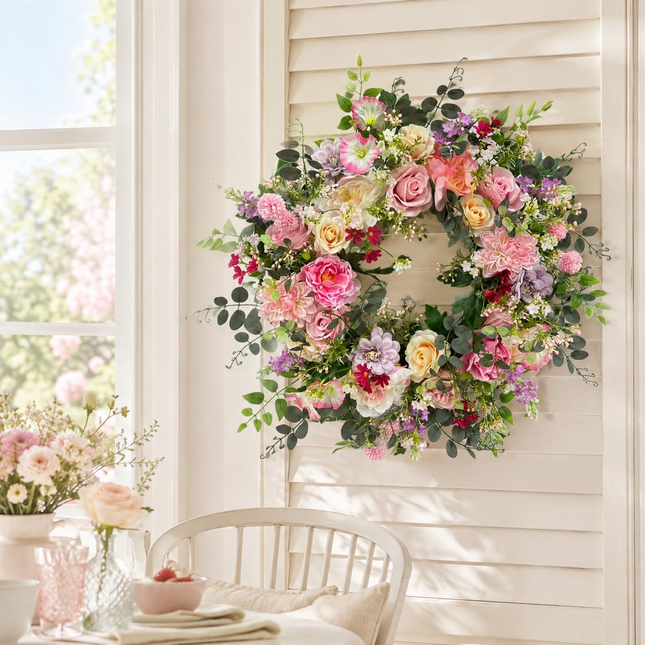 24 Inch Artificial Rose and Dahlia Wreath with Eucalyptus Greenery, additional listing view 5