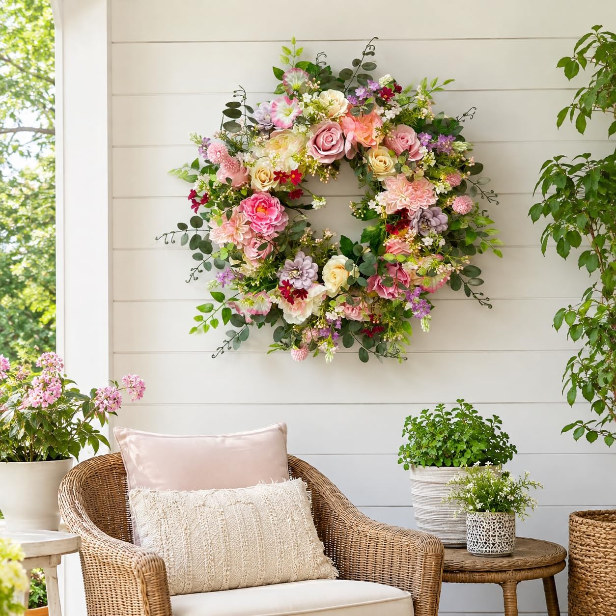 24 Inch Artificial Rose and Dahlia Wreath with Eucalyptus Greenery, additional listing view 6