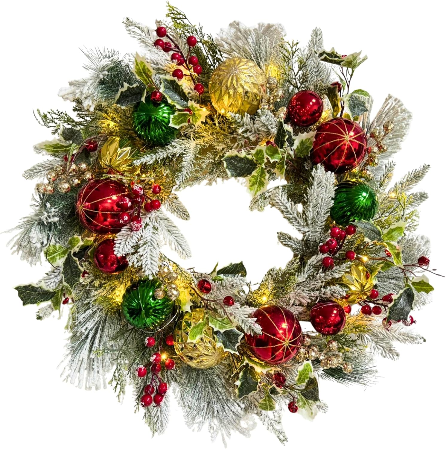 24 Inch Lighted Christmas Wreath with Timer, 30 LEDs and Ornaments, main product view