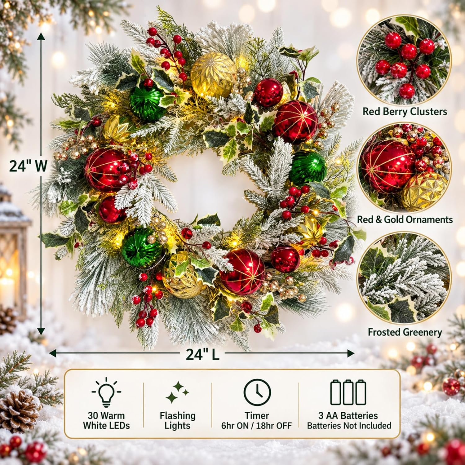24 Inch Lighted Christmas Wreath with Timer, 30 LEDs and Ornaments, additional listing view 3