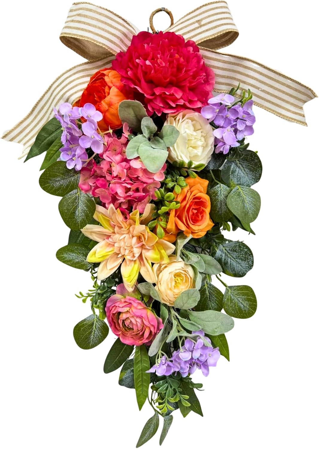24 Inch Lighted Floral Teardrop Swag with Timer, Peony and Roses, main product view