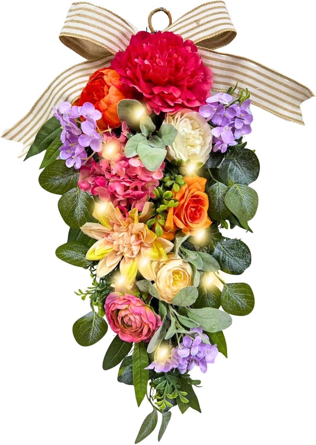 24 Inch Lighted Floral Teardrop Swag with Timer, Peony and Roses, additional listing view 2