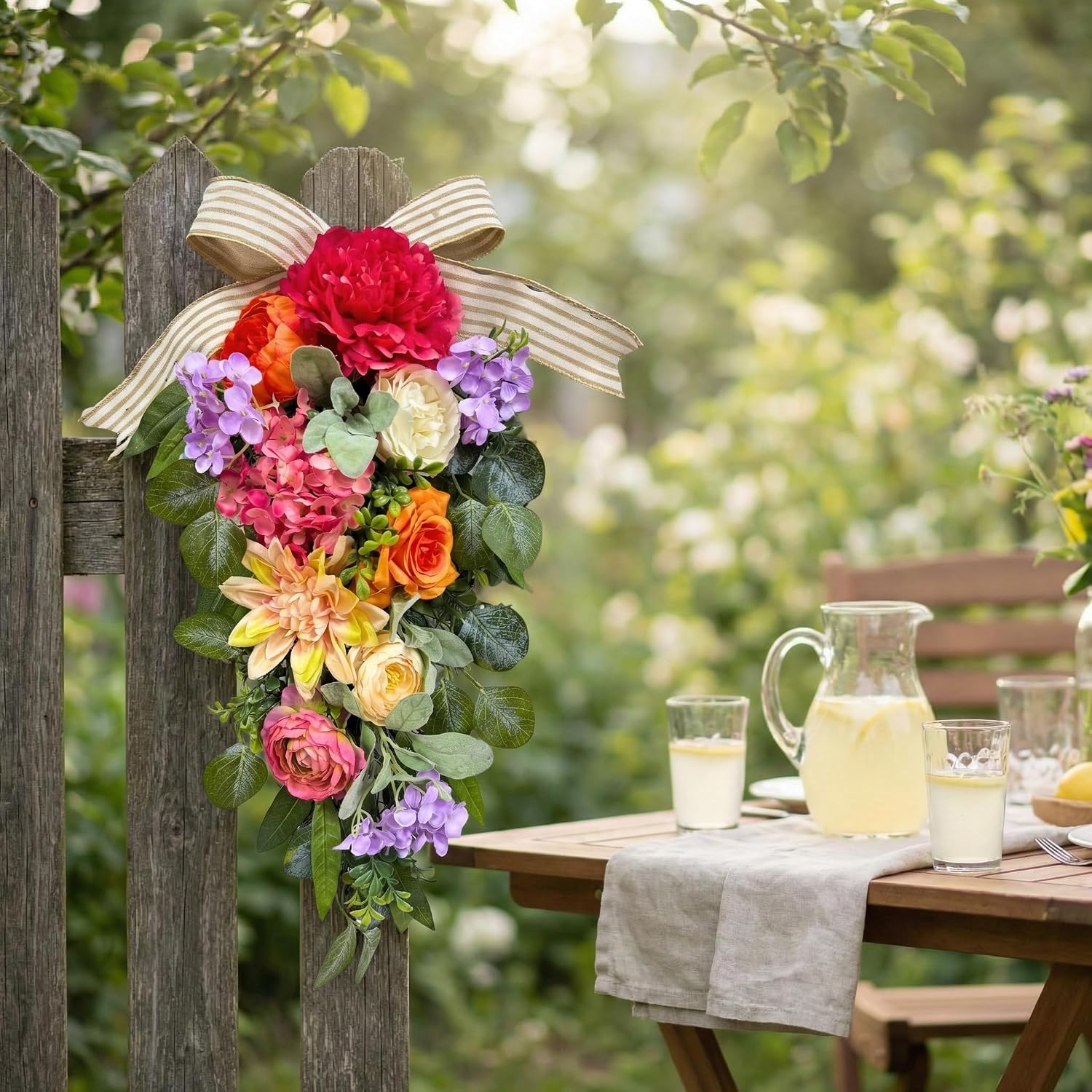 24 Inch Lighted Floral Teardrop Swag with Timer, Peony and Roses, additional listing view 5