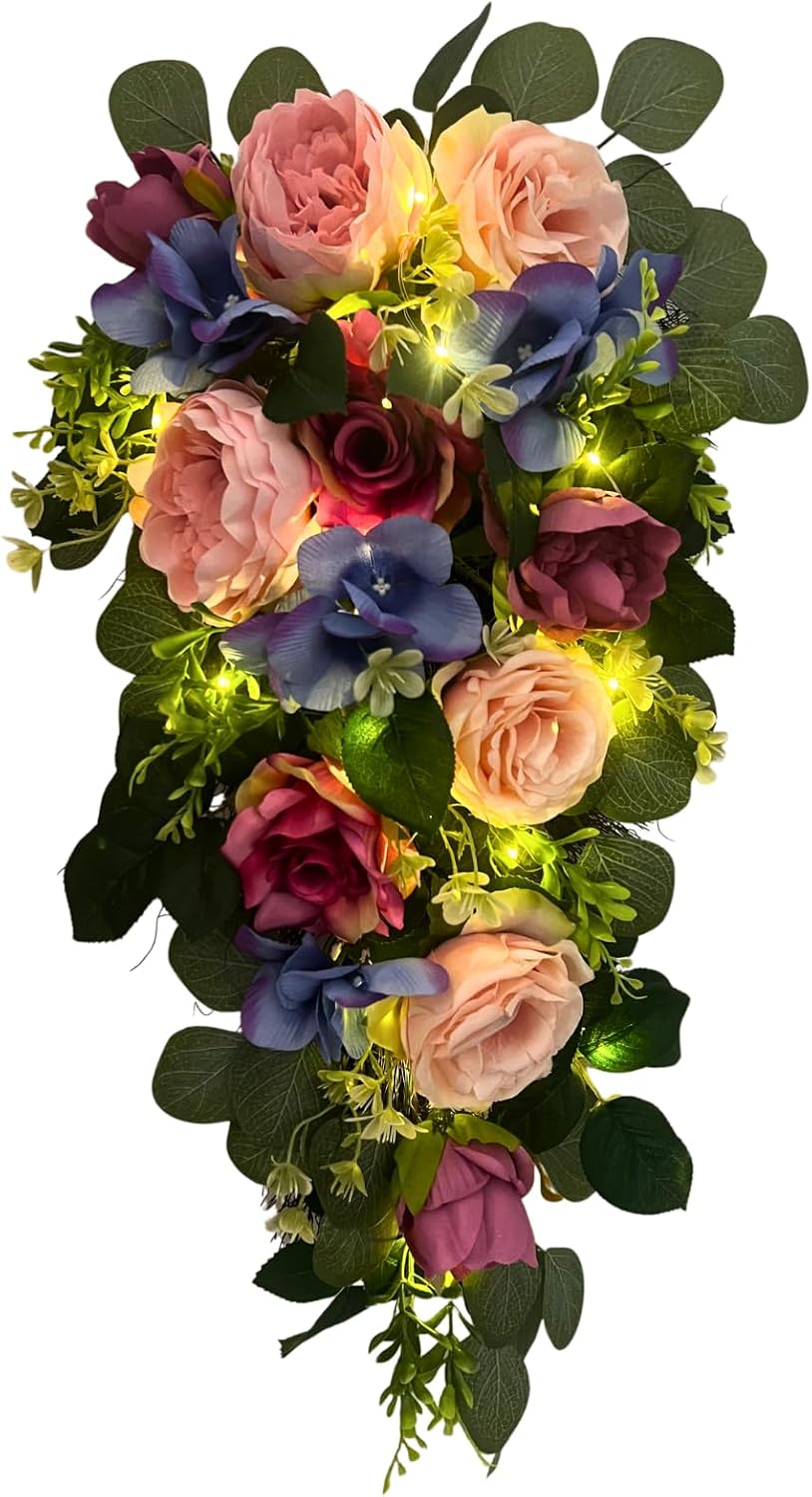 24 Inch Pre-Lit Peony Rose Teardrop Swag with Timer, additional listing view 2