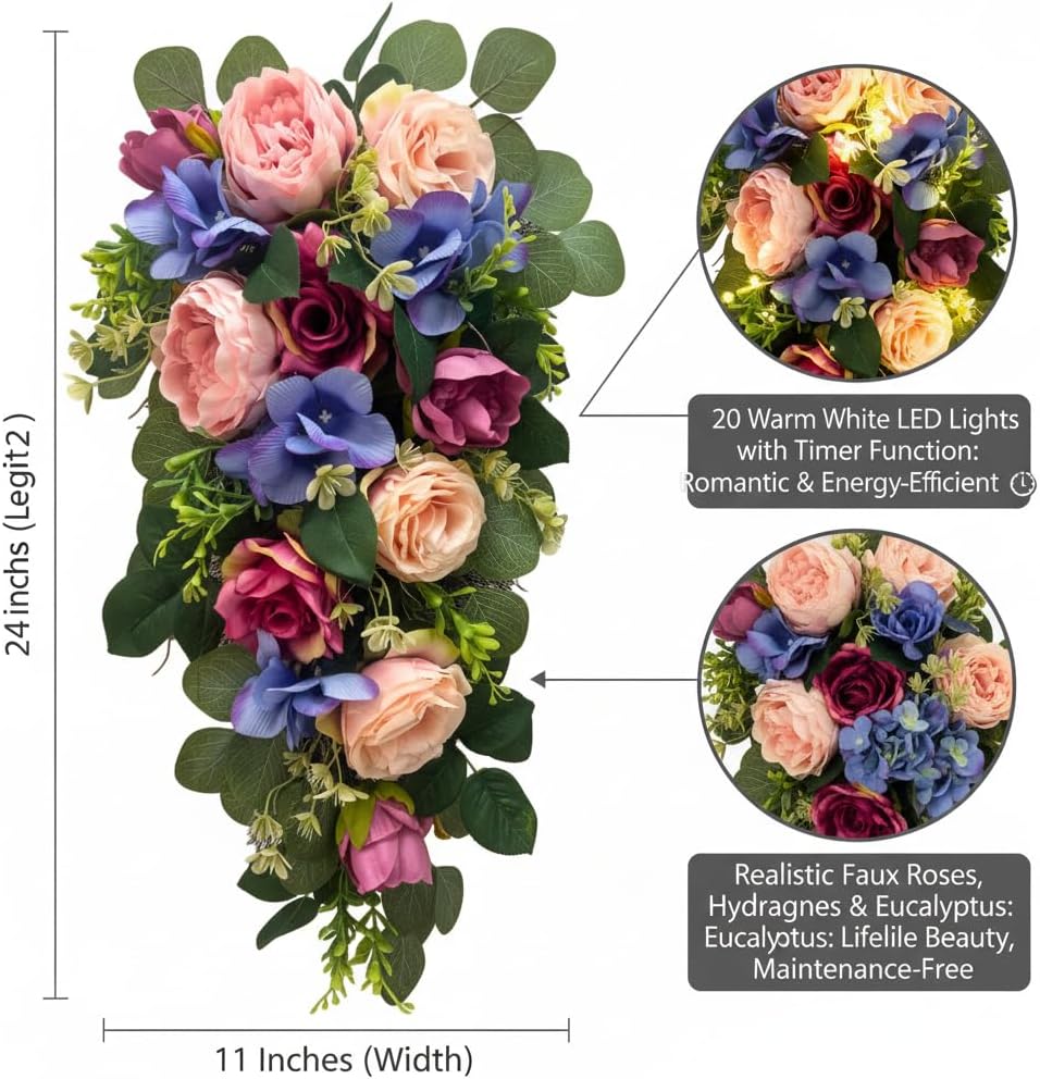 24 Inch Pre-Lit Peony Rose Teardrop Swag with Timer, additional listing view 3