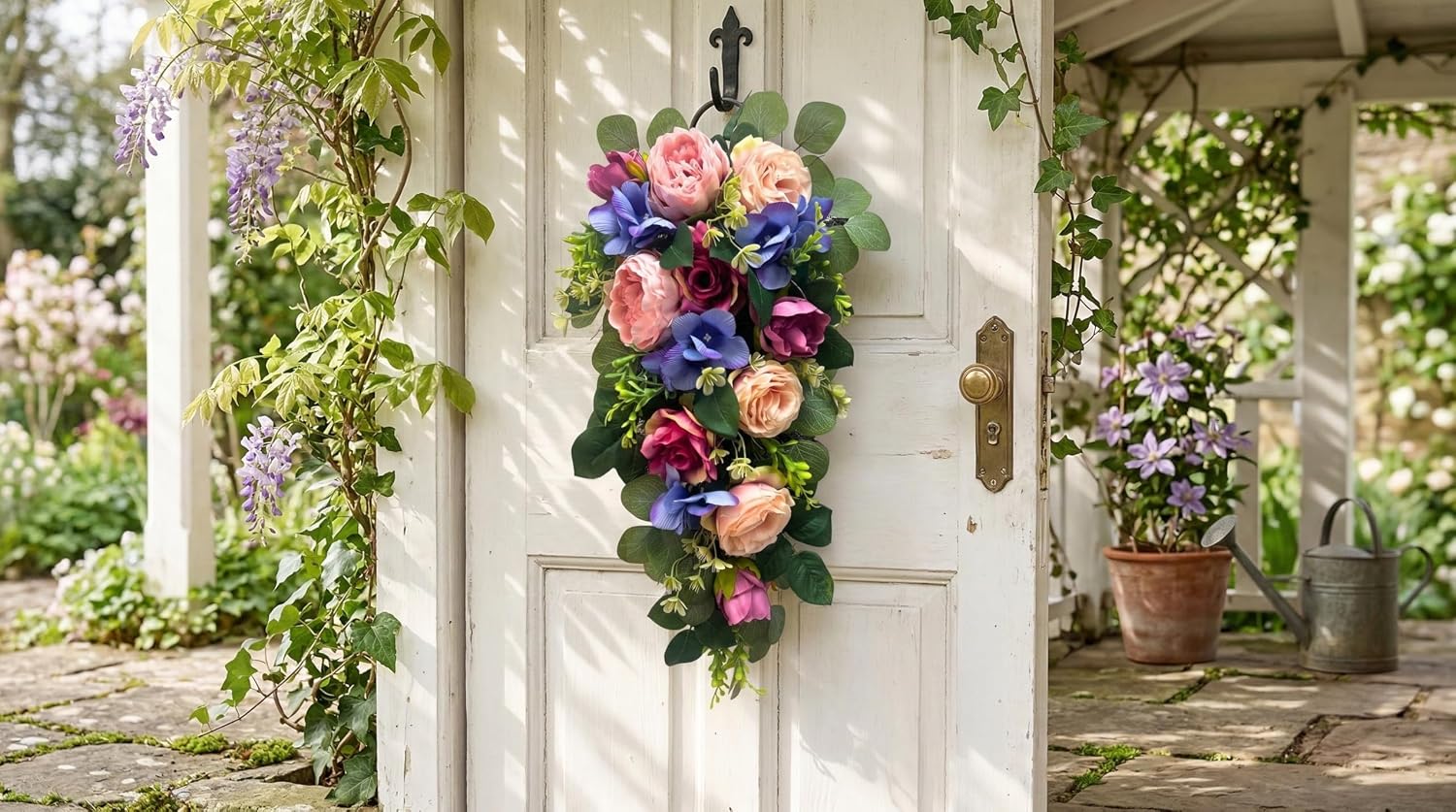24 Inch Pre-Lit Peony Rose Teardrop Swag with Timer, additional listing view 5