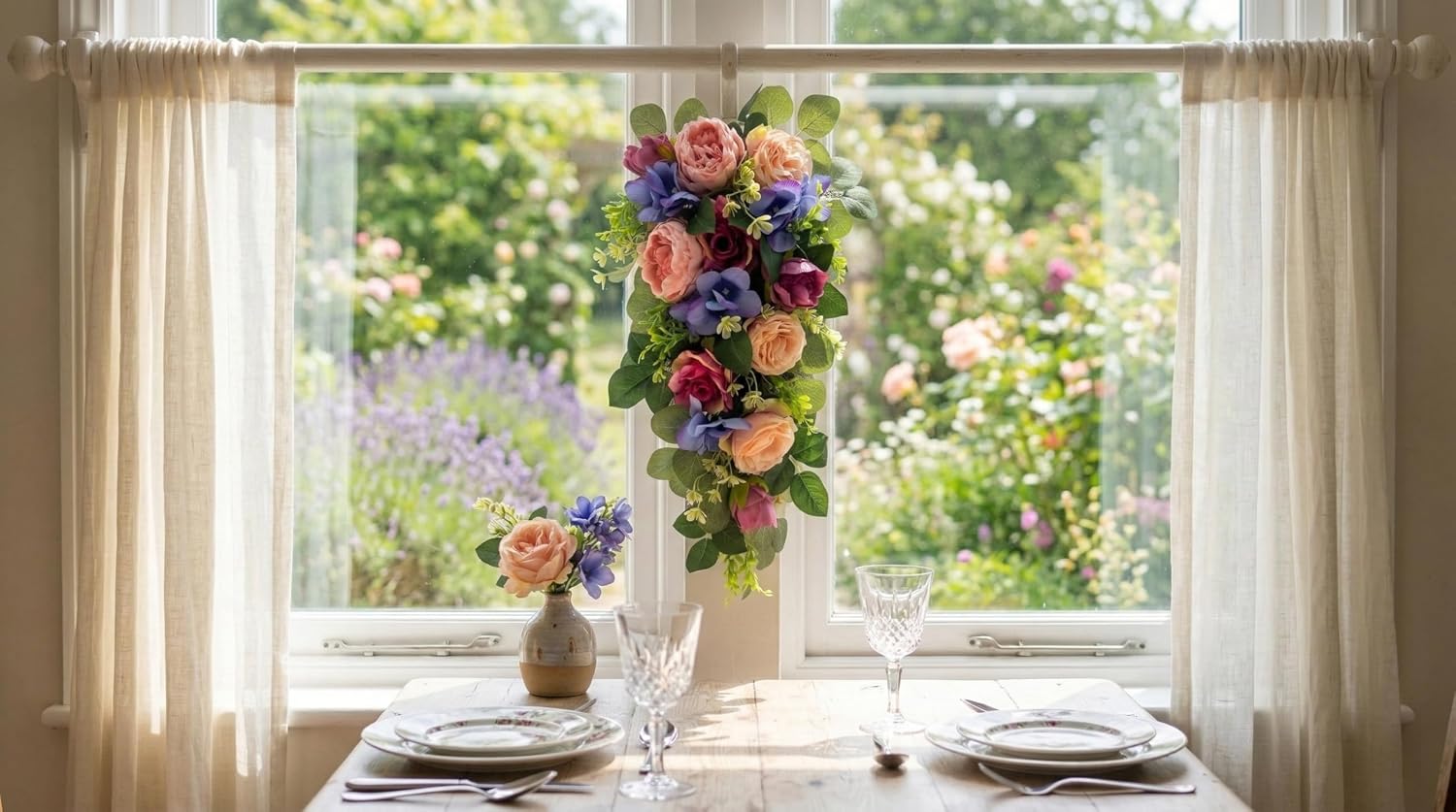 24 Inch Pre-Lit Peony Rose Teardrop Swag with Timer, additional listing view 6