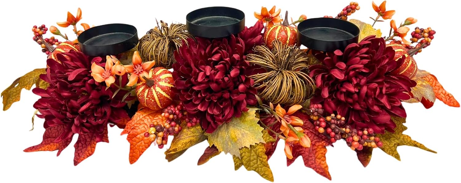 25" Fall Candle Holder Centerpiece with Pumpkins for Thanksgiving, additional listing view 2
