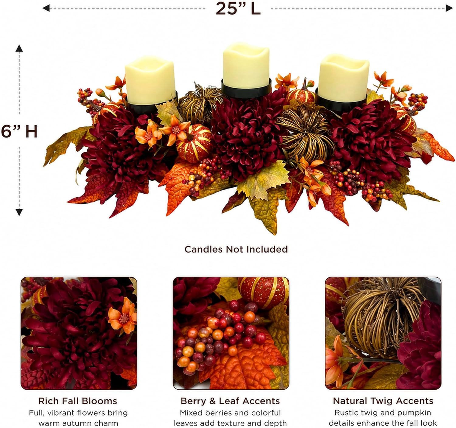 25" Fall Candle Holder Centerpiece with Pumpkins for Thanksgiving, additional listing view 3