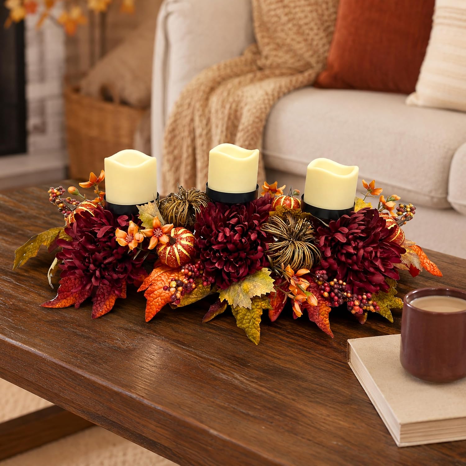 25" Fall Candle Holder Centerpiece with Pumpkins for Thanksgiving, additional listing view 4