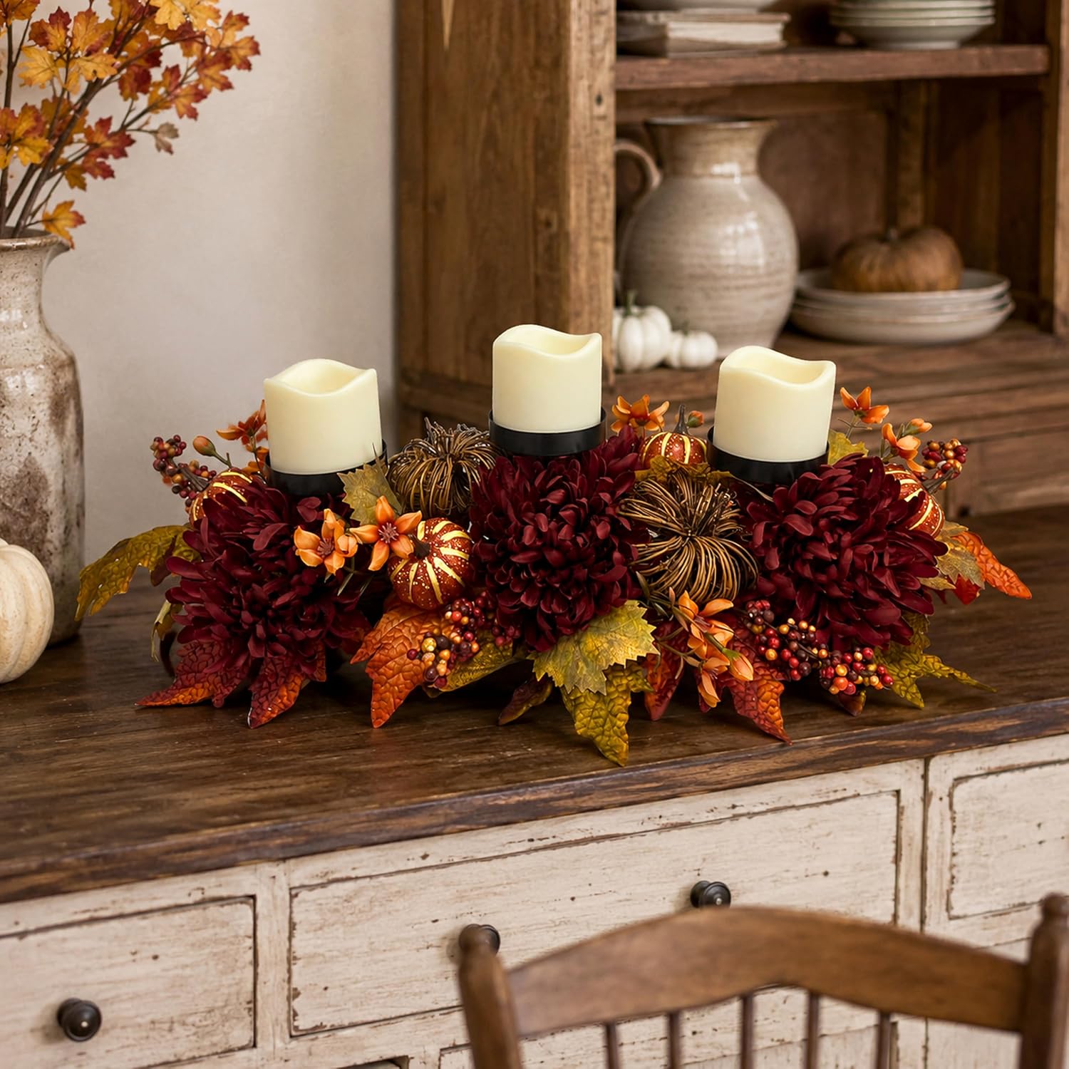 25" Fall Candle Holder Centerpiece with Pumpkins for Thanksgiving, additional listing view 5