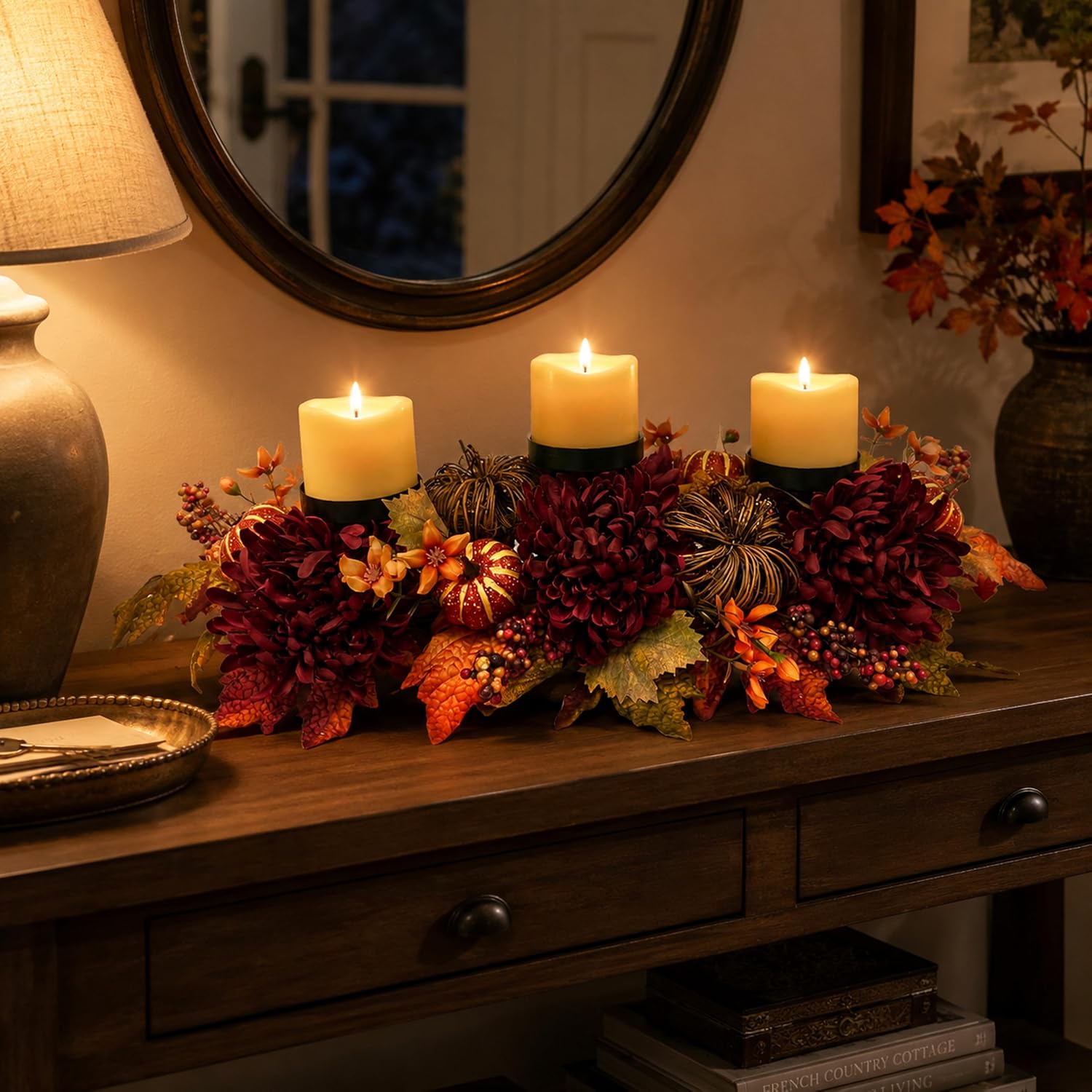 25" Fall Candle Holder Centerpiece with Pumpkins for Thanksgiving, additional listing view 6