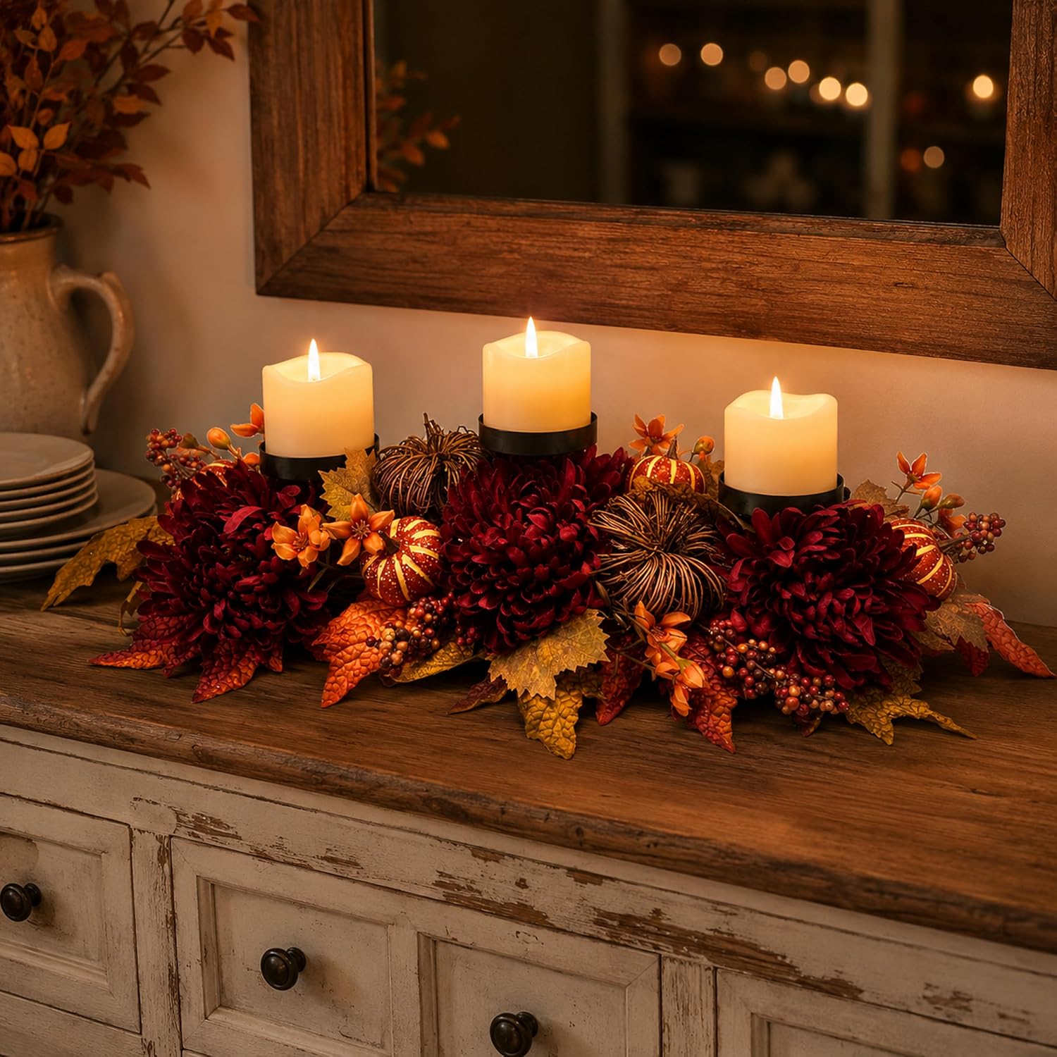 25" Fall Candle Holder Centerpiece with Pumpkins for Thanksgiving, additional listing view 7